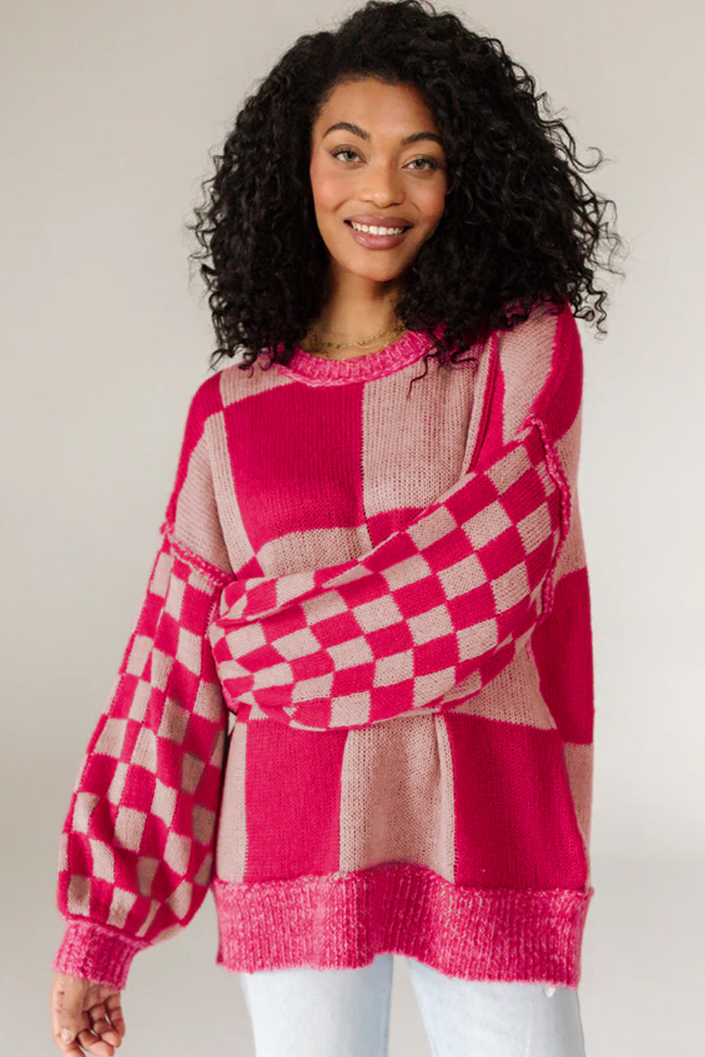 Rose Red Mixed Checkered Pattern Drop Shoulder Loose Sweater