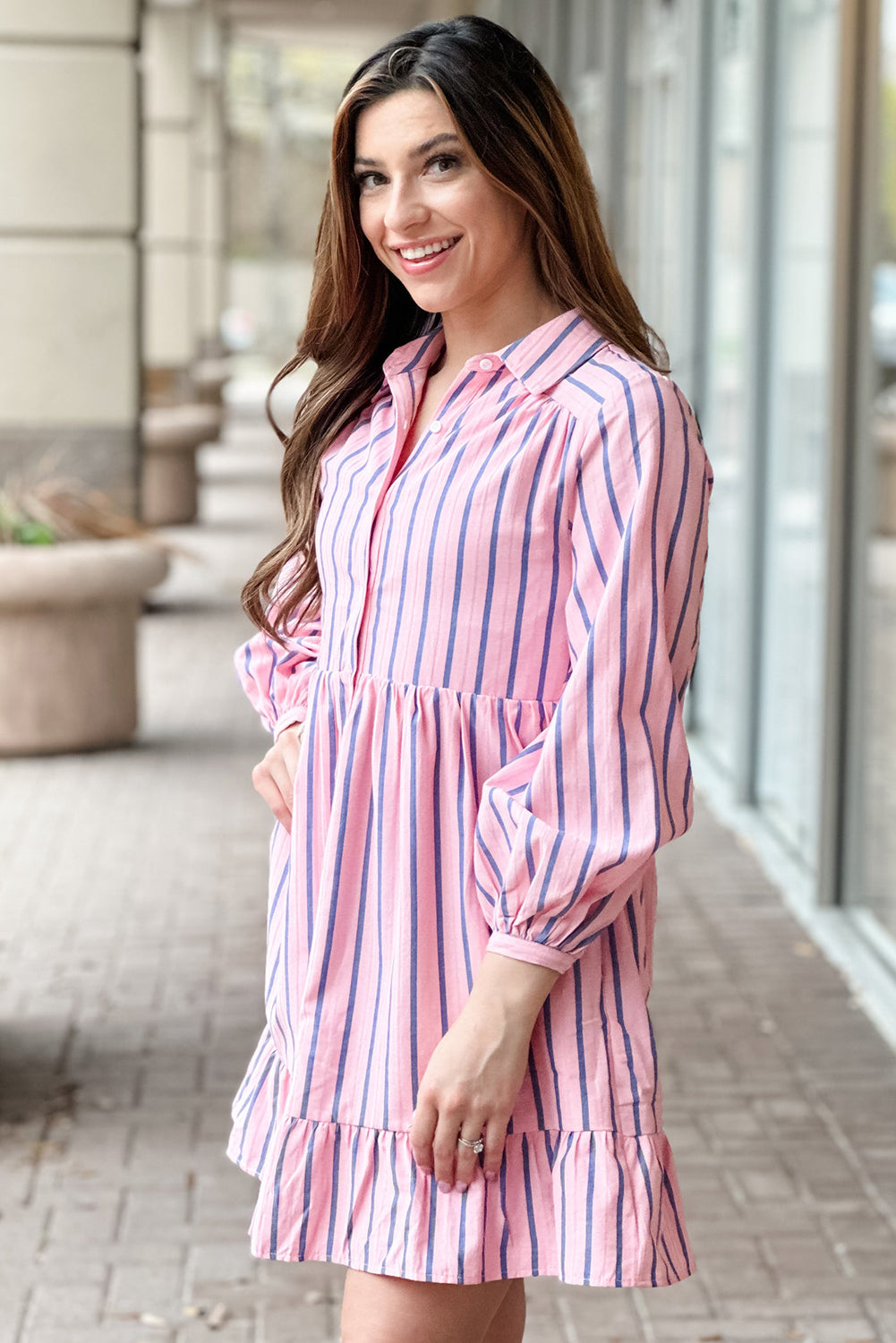 Pink Stripe Ruffled Hem Button-up Collared Shirt Mini Dress