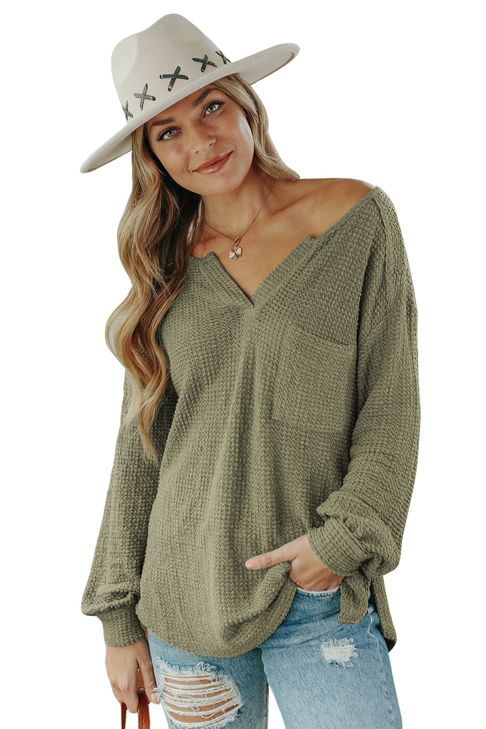 Green Waffle Knit Split Neck Pocketed Loose Top