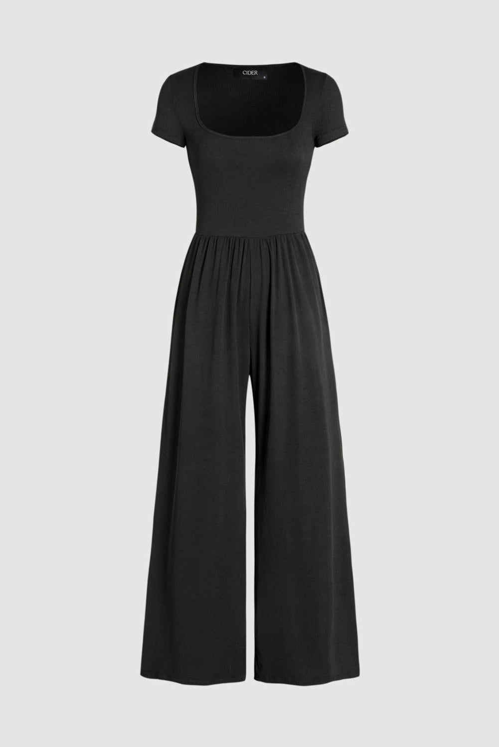 Black Pleated High Waist U Neck Short Sleeve Jumpsuit