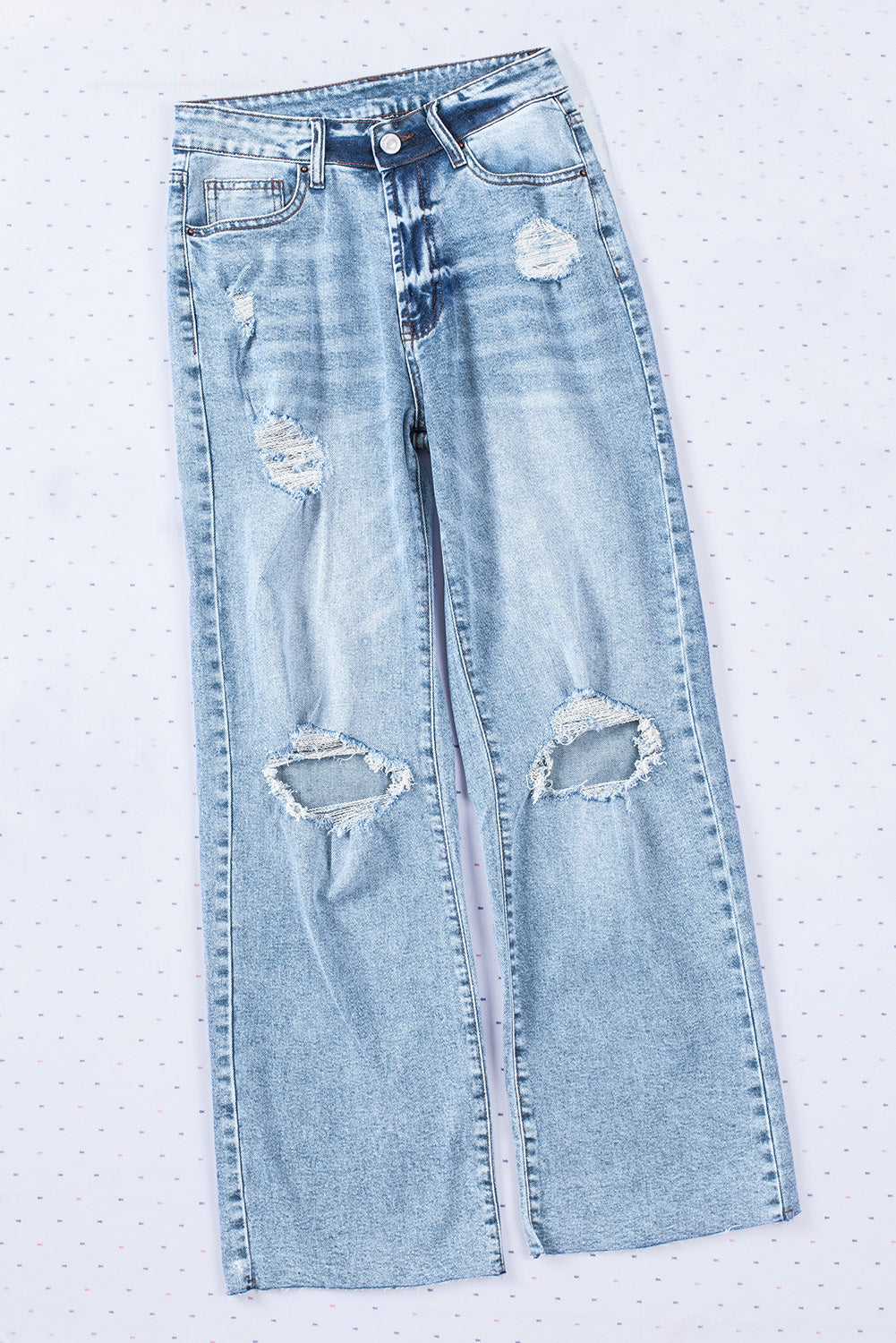 Sky Blue Distressed Hollow-out Knees Wide Leg Jeans