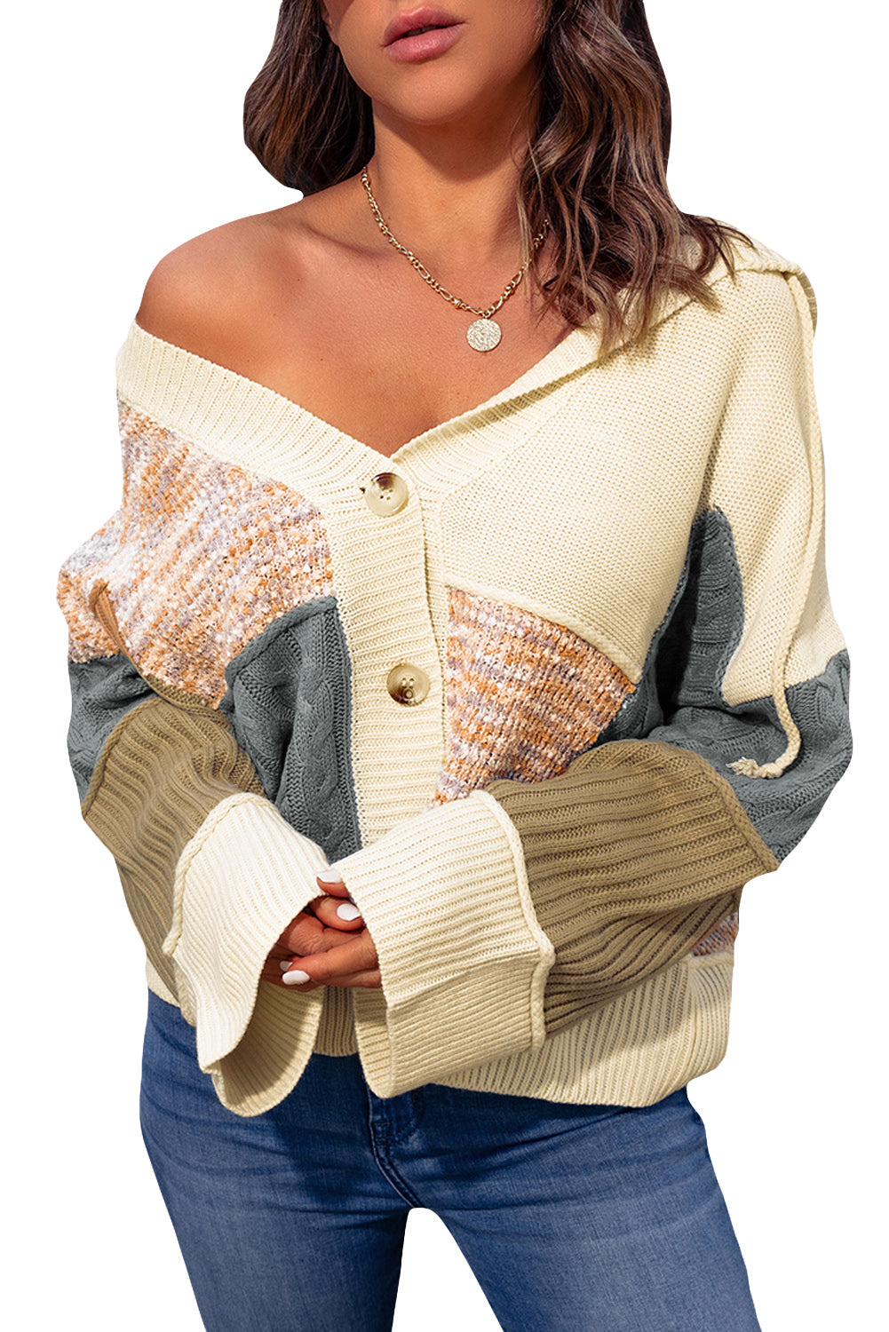 Beige Colorblock Patchwork Buttons Hooded Cardigan