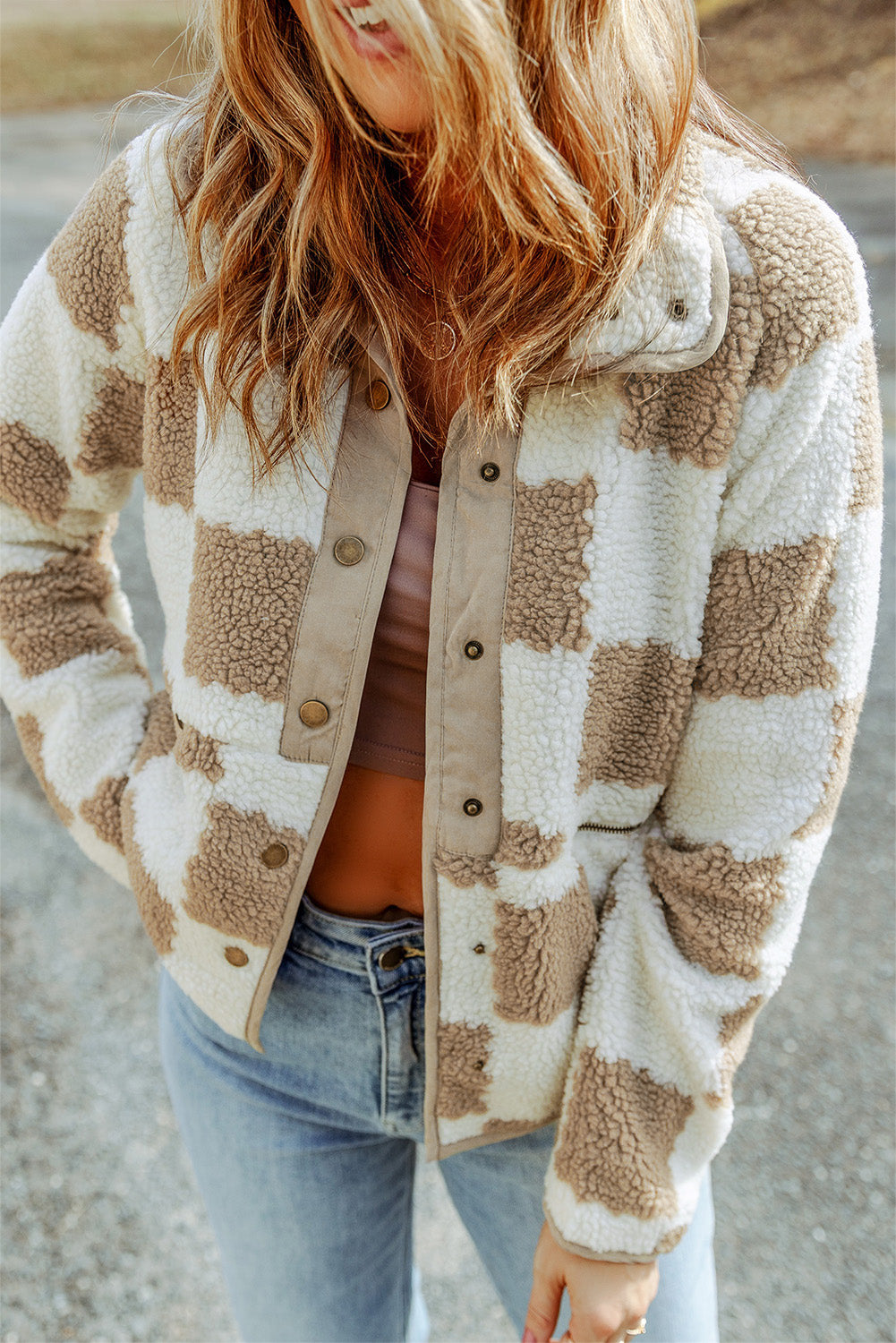 Brown Checked Snap Button Sherpa Jacket