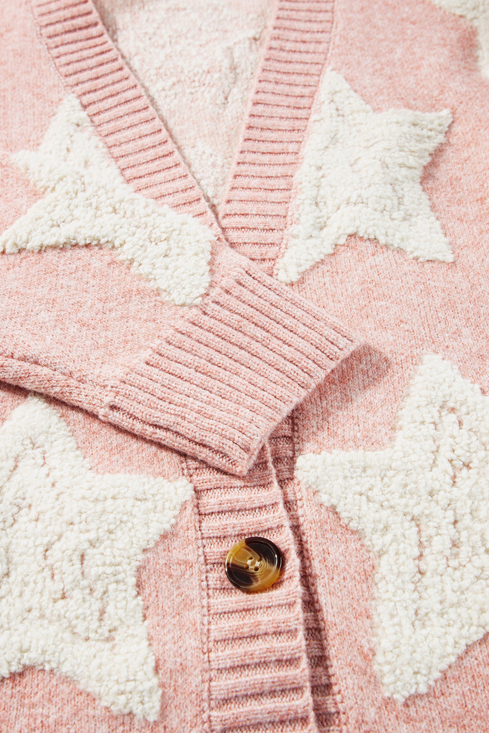 Pink Sherpa Star Pattern Textured Sweater Cardigan with Pockets