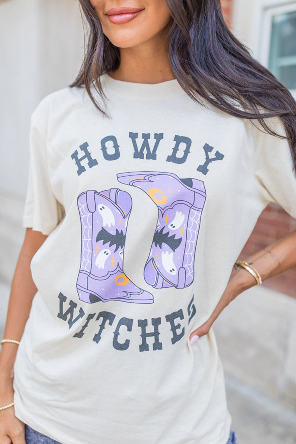 White HOWDY WITCHES Halloween Boots Crewneck T Shirt