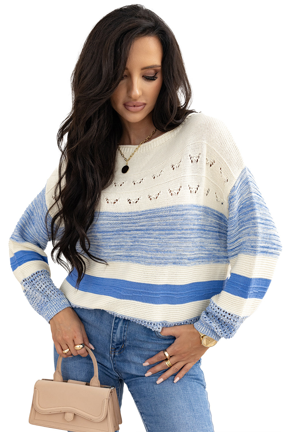 Light Blue Open Stitch Puff Sleeve Sweater