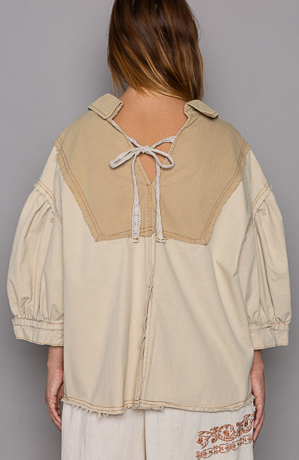 POL V-Neck Balloon Sleeve Color Block Button Down Woven Top Sale