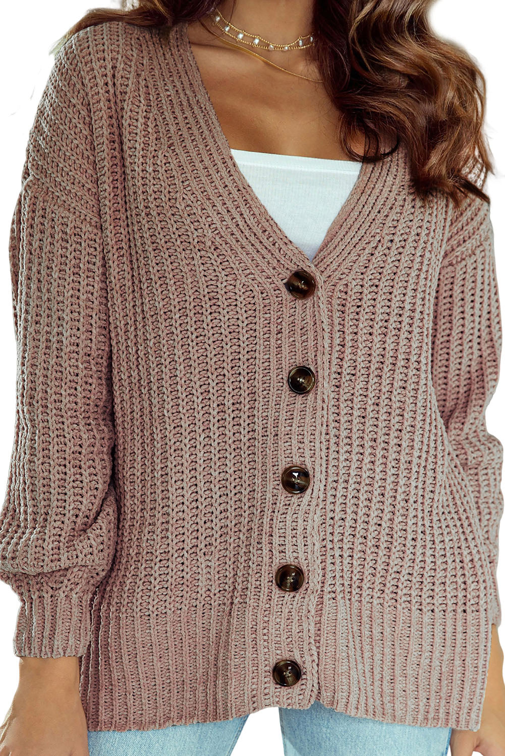 Khaki Buttoned Front Drop Shoulder Knitted Cardigan