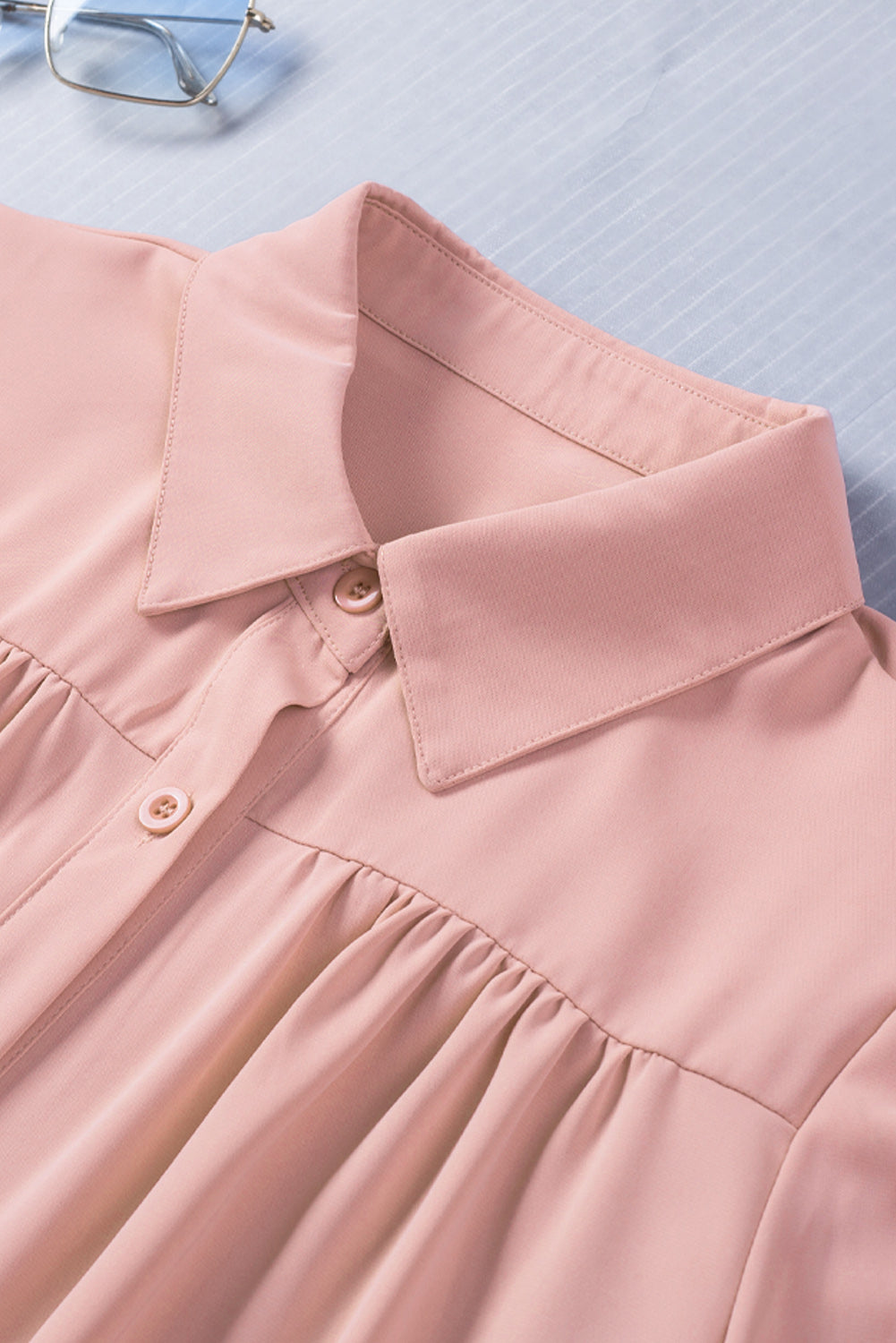 Pink Solid Button-up Loose Long Sleeve Shirt