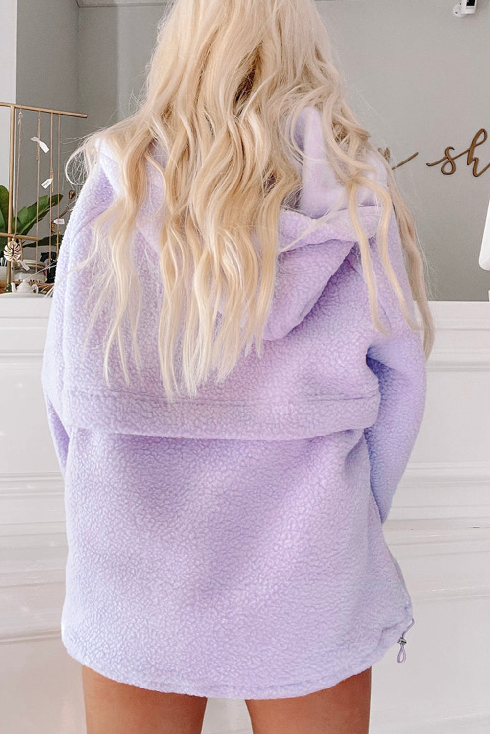 Lavendula Zipped Patch Pocket Fuzzy Drawstring Hoodie