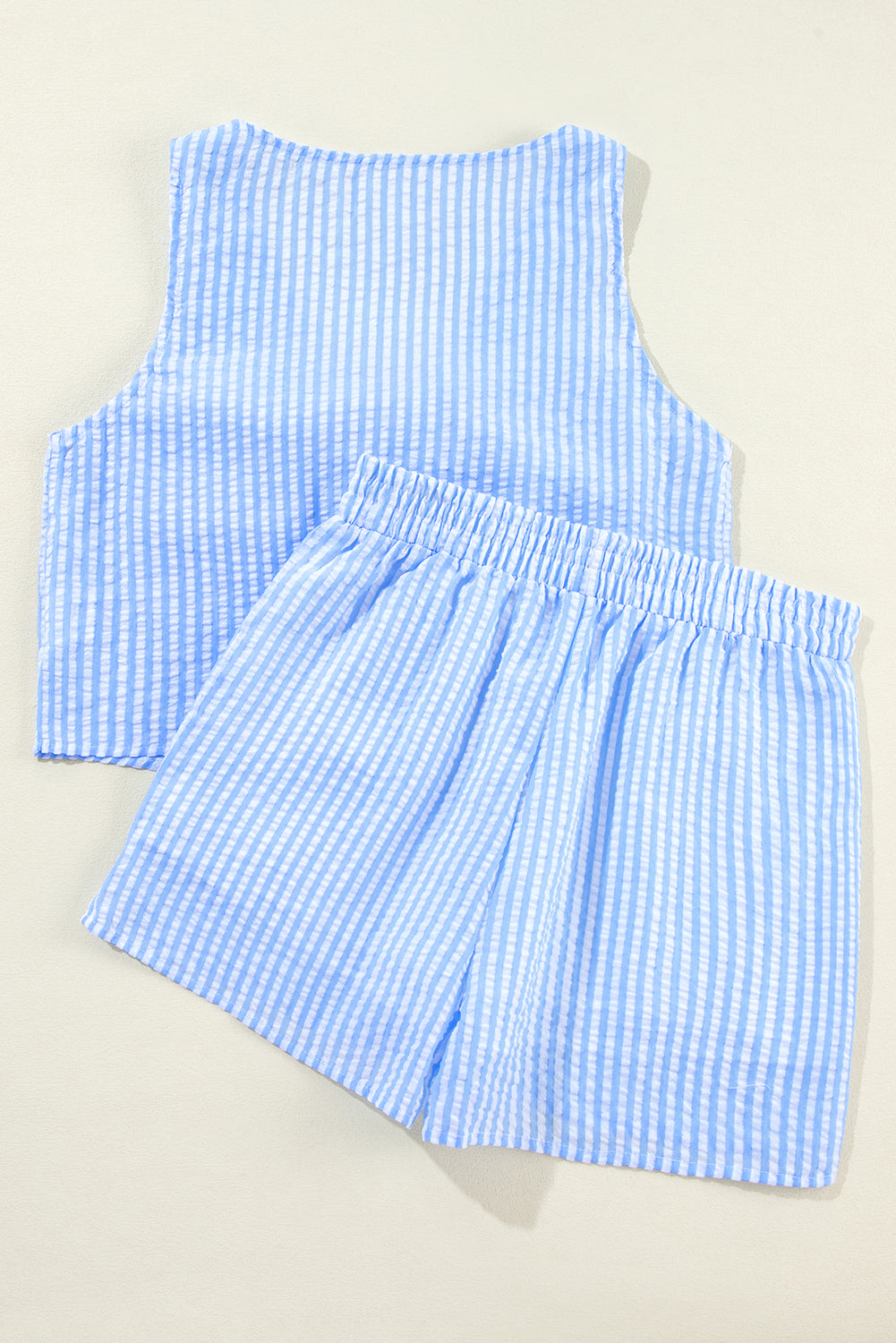 Sky Blue Stripe V Neck Bowknot Crop Tank and Shorts Set