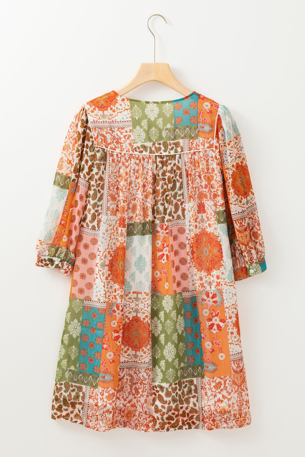 Orange Boho Paisley Mixed Print 3/4 Sleeve Chiffon Loose Dress