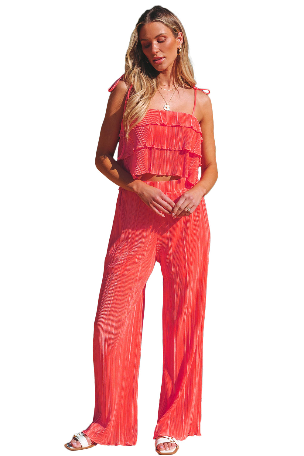 Pale Chestnut Ruffle Tiered Cami Pleated Wide Leg Pants Set