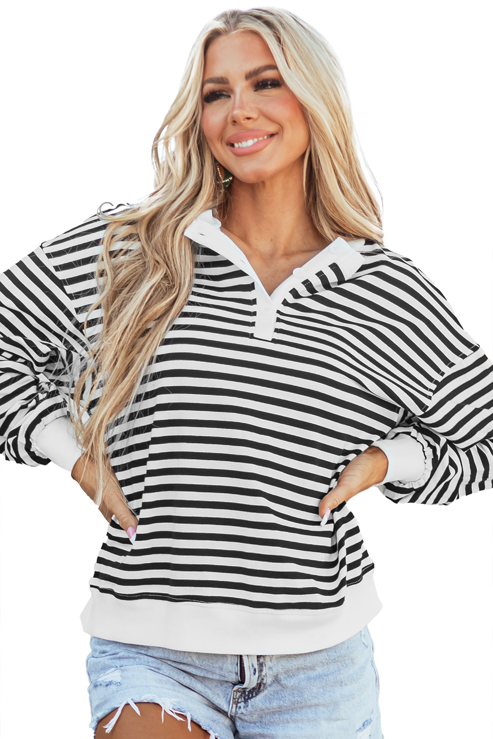 White Stripe Color Block Buttoned Crew Neck Oversized Sweatshirt