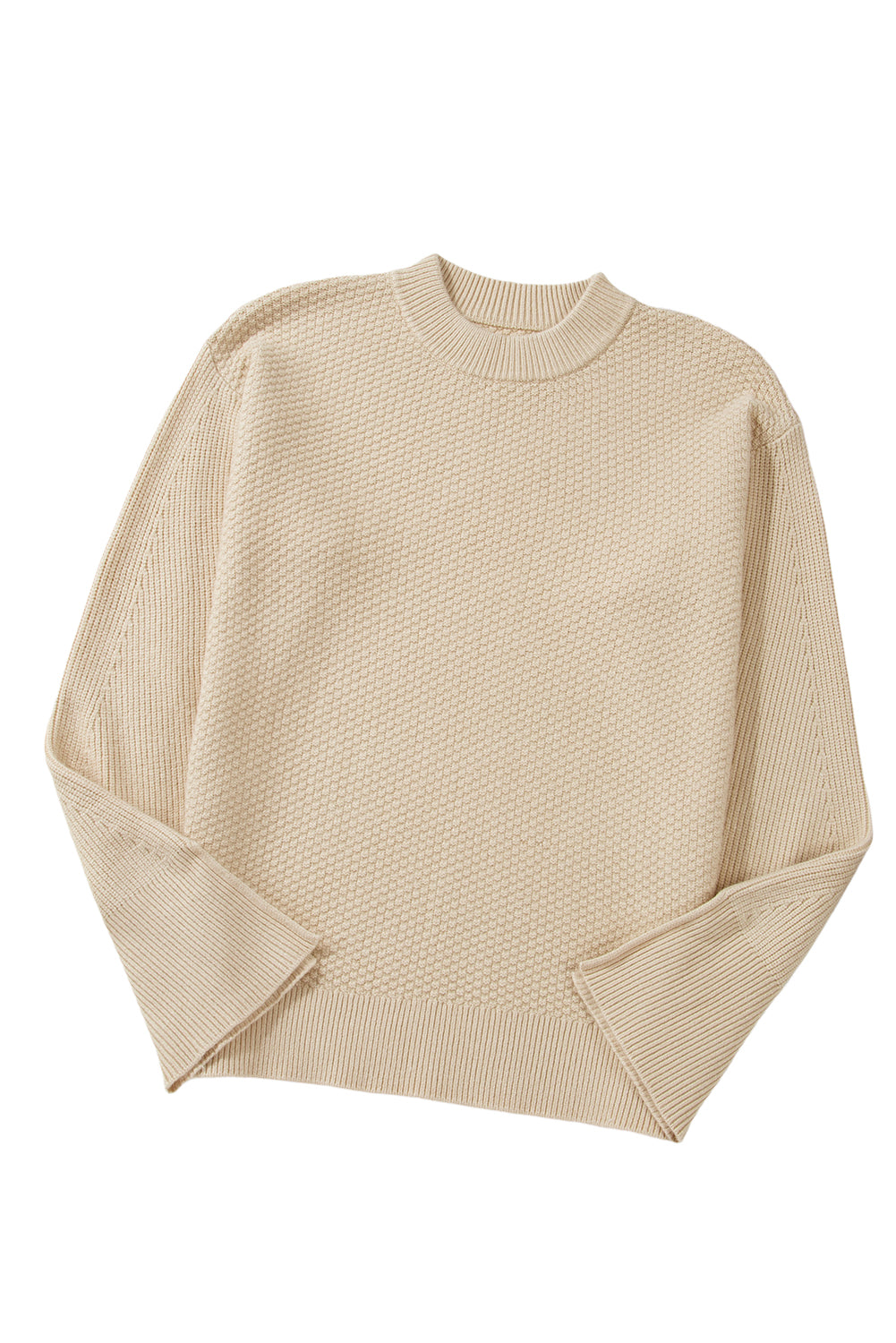 Parchment Solid Textured Knit Split Cuff Drop Shoulder Loose Sweater