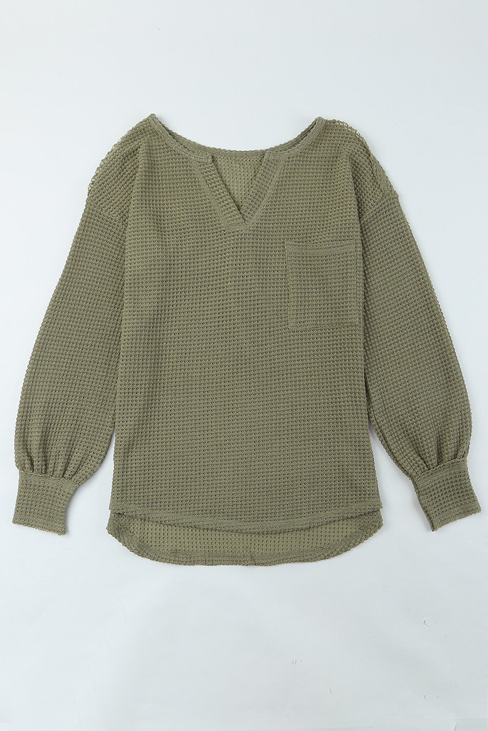 Green Waffle Knit Split Neck Pocketed Loose Top