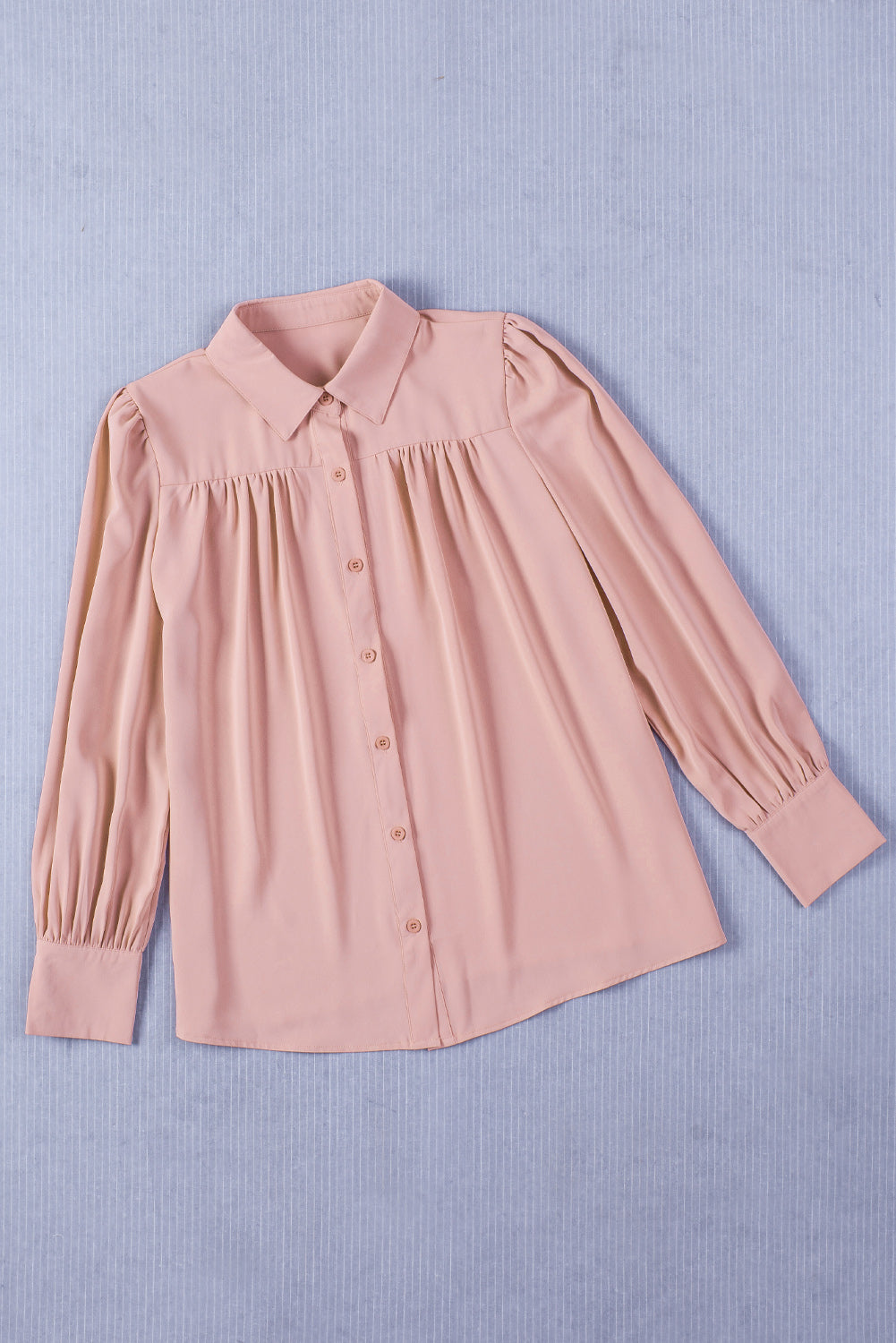 Pink Solid Button-up Loose Long Sleeve Shirt