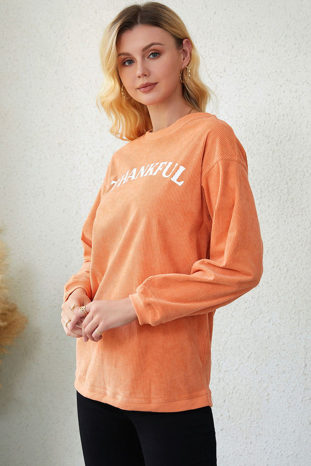 Orange THANKFUL Letter Graphic Corded Sweatshirt