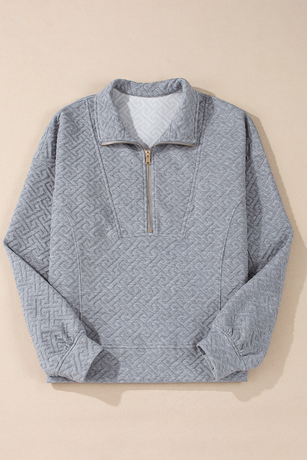 Gray Solid Textured Half Zipper Collared Sweatshirt