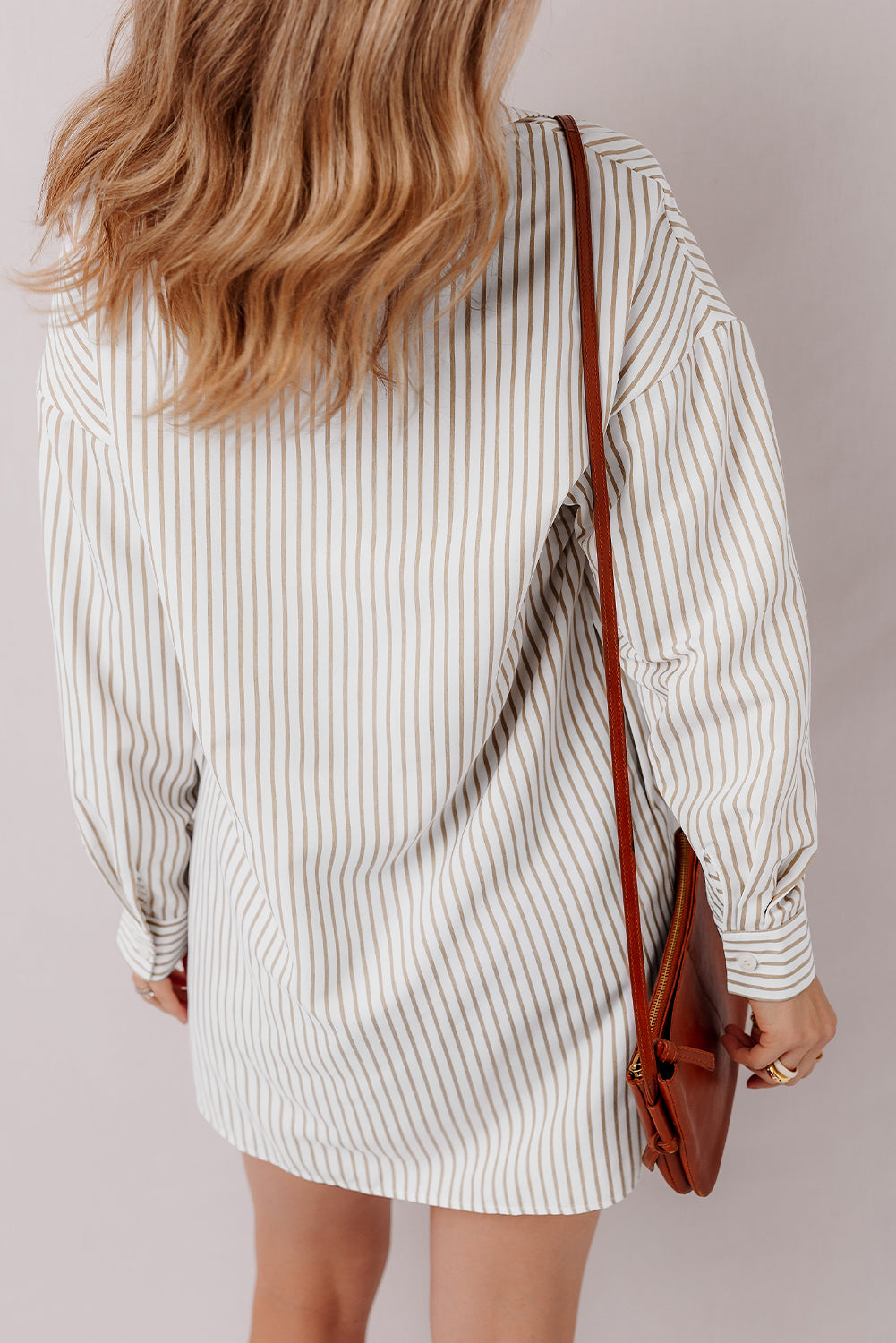 Khaki Stripe Long Sleeve Button Up Mini Shirt Dress