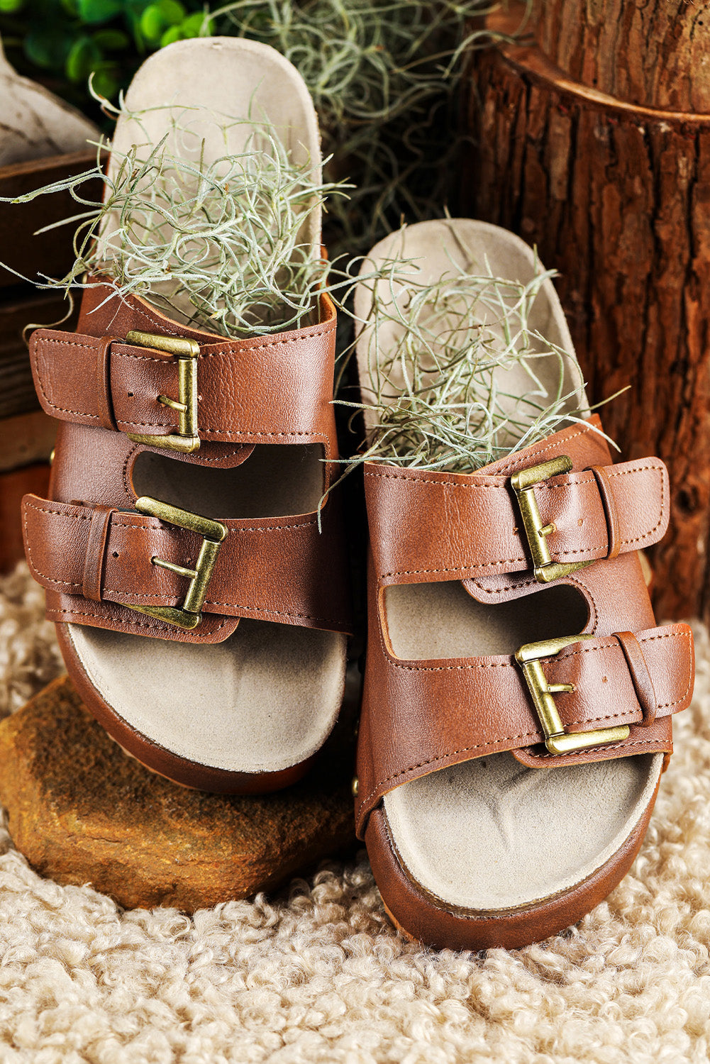 Chestnut Dual Buckle Studded Platform Sandal Slippers