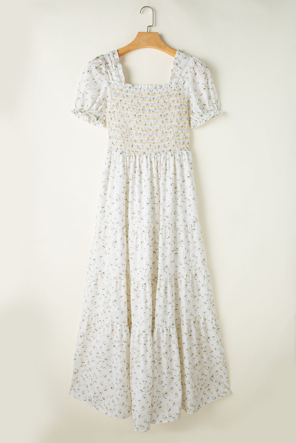 White Frilly Shirred Bodice Tiered Floral Maxi Dress