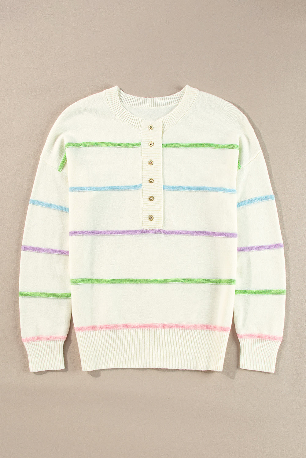 White Rainbow Stripes Drop Shoulder Baggy Henley Sweater