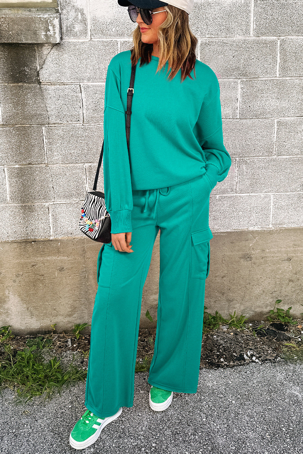 Lapis Solid Color Patchwork Pullover Top and Cargo Pants Set