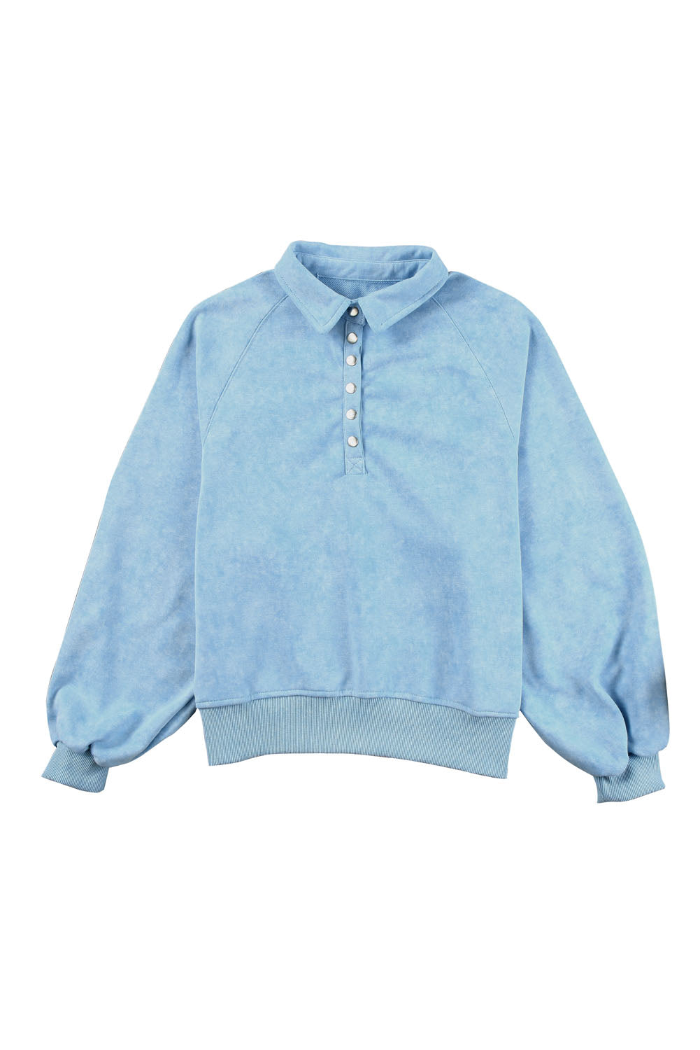 Sky Blue Washed Snap Buttons Lantern Sleeve Pullover Sweatshirt