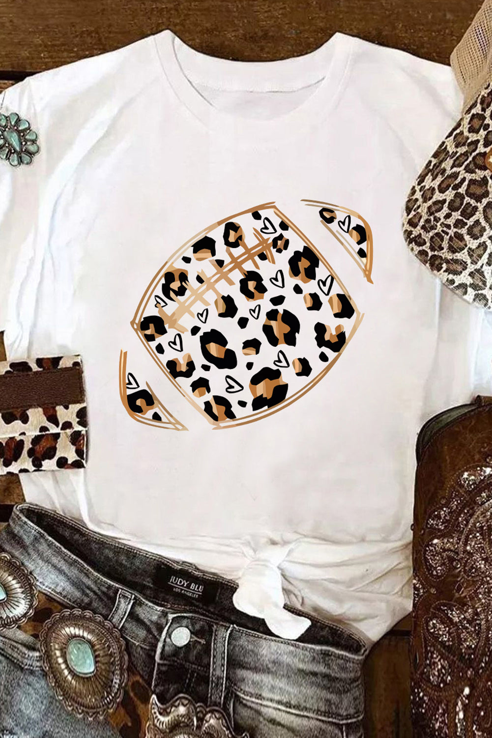 White Leopard Hearts Rugby Football Print Short Sleeve T Shirt