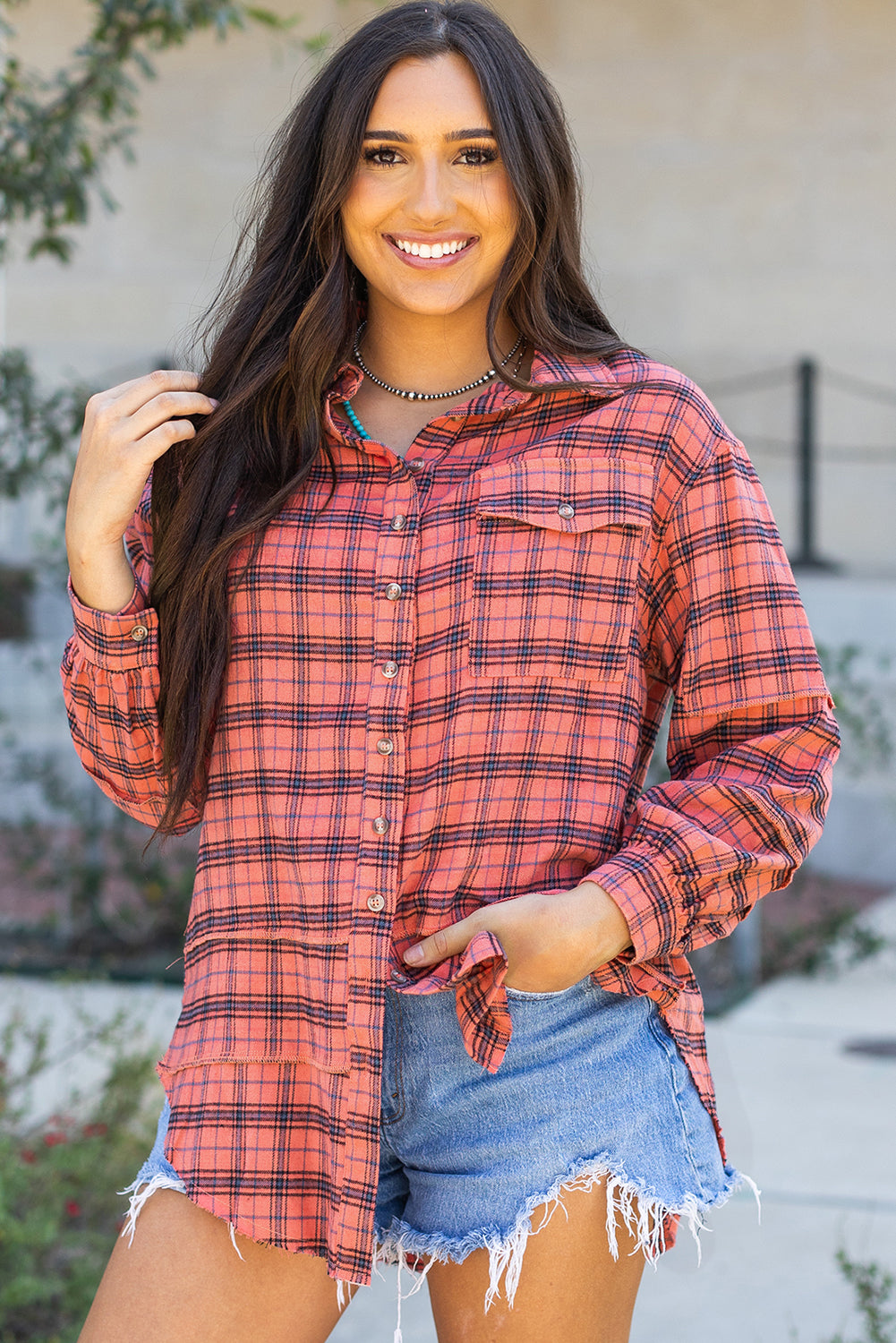 Red Plaid Long Sleeeve Side Split Distressed Hem Shirt