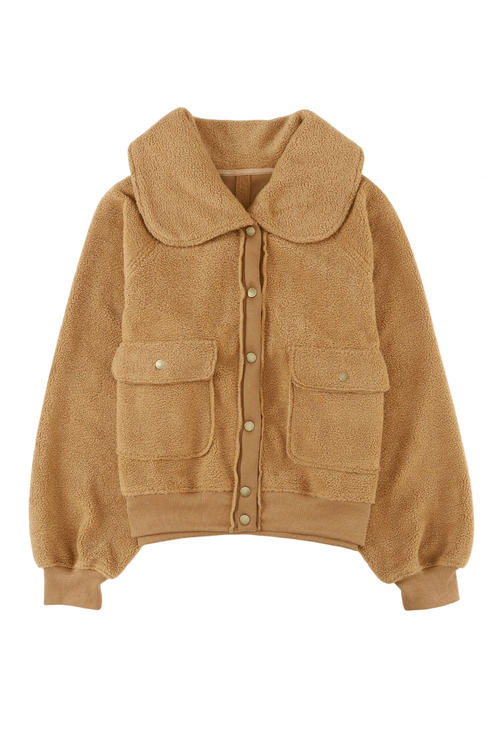 Brown Button Flap Pocket Spread Collar Fleece Jacket