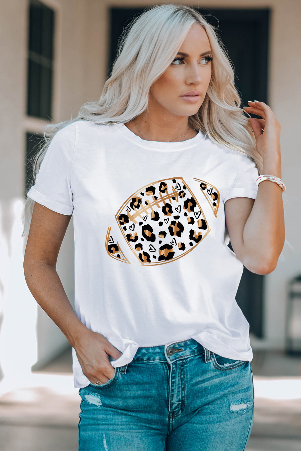 White Leopard Hearts Rugby Football Print Short Sleeve T Shirt