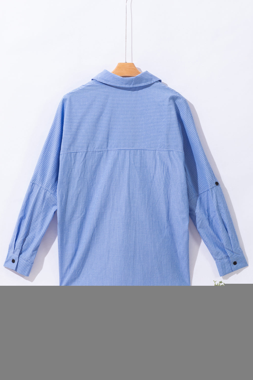 Sky Blue Stripe Roll-tab Sleeve Pocketed Long Shirt