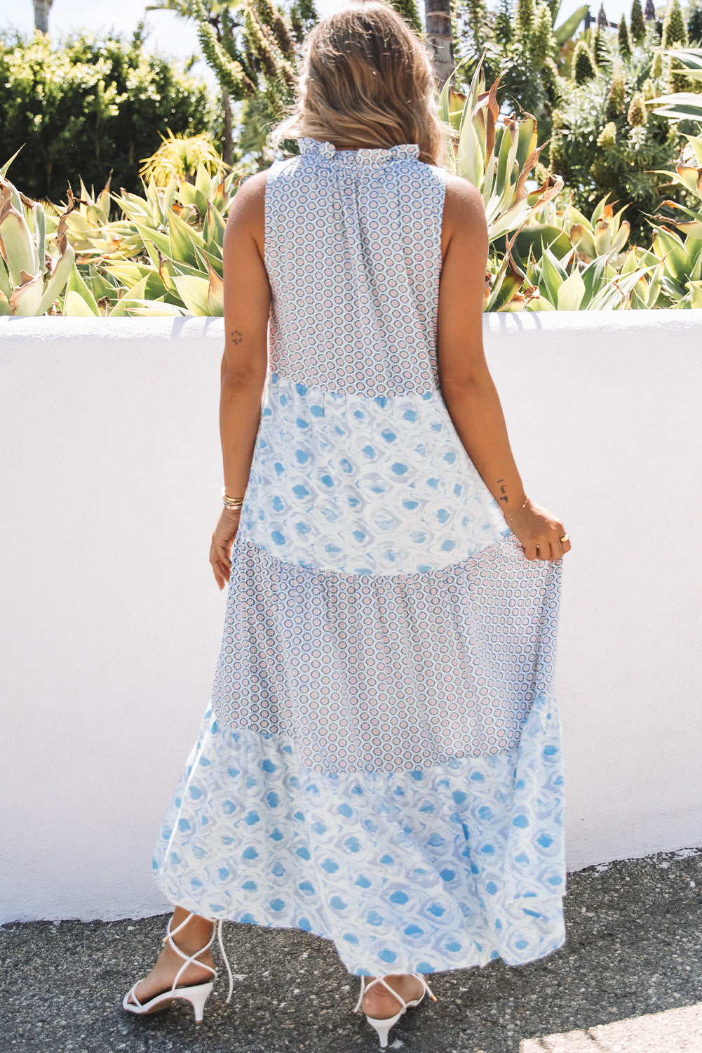 Sky Blue Abstract Print Split Neck Sleeveless Maxi Dress