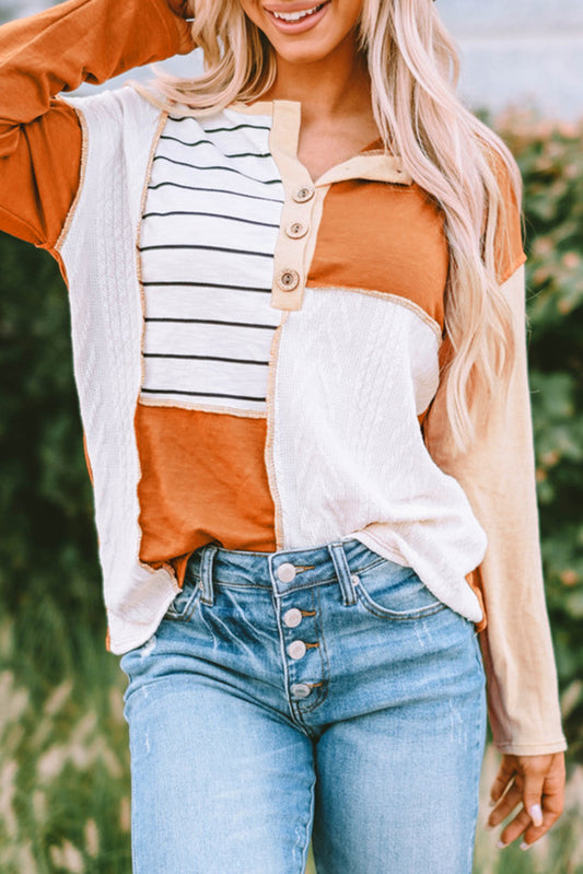 Orange Stripe Color Block Splicing Long Sleeve Henley Top